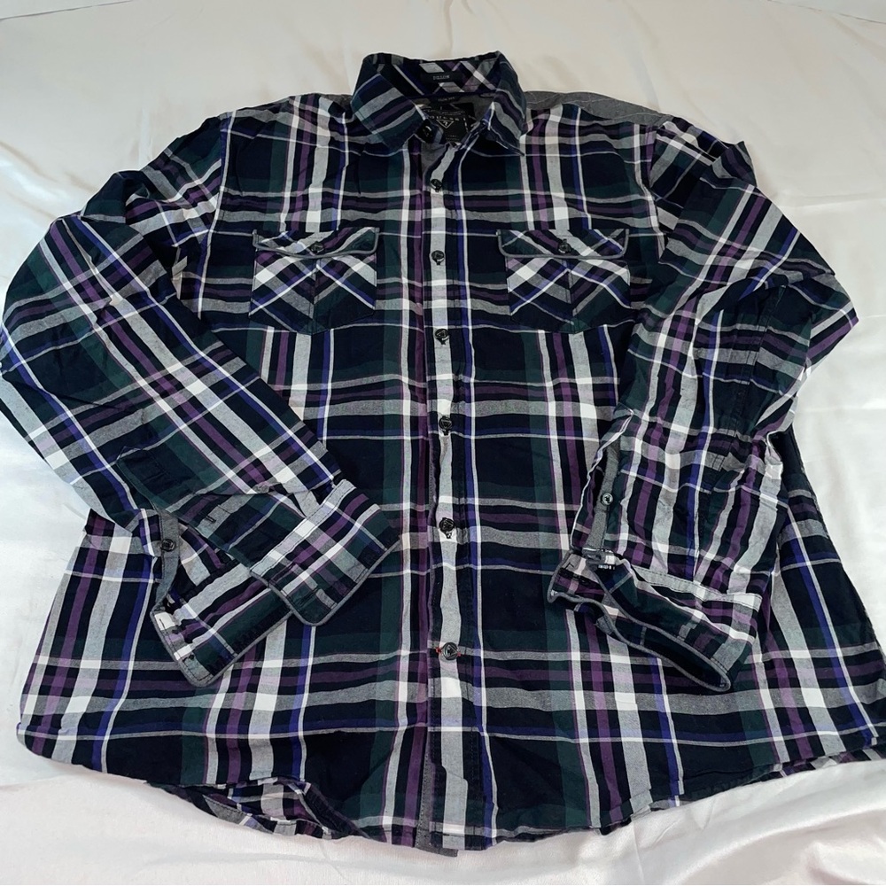 Guess Dillon Slim Fit Mens Large Plaid Button Down Shirt Purple Green L/S